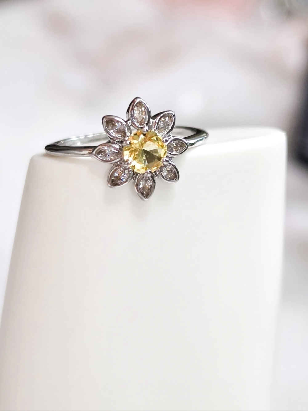 925 Sterling Silver Sunflower Zircon Ring Dainty Floral Statement Ring Size 7